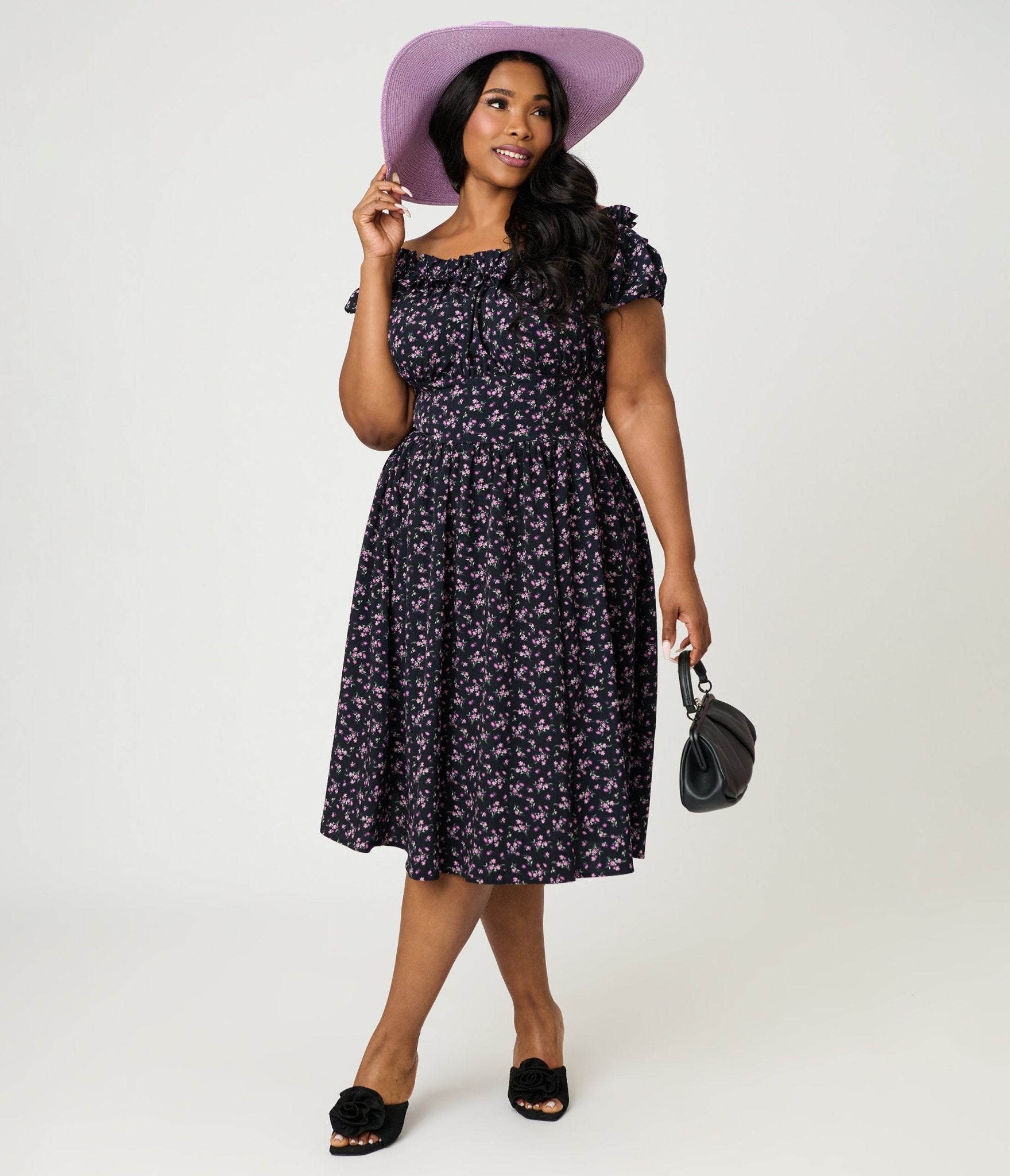 Unique Vintage Plus Size 1950s Off The Shoulder Ruffle Swing Dress