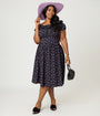 Unique Vintage Plus Size Purple Ditzy Off The Shoulder Ruffle Swing Dress