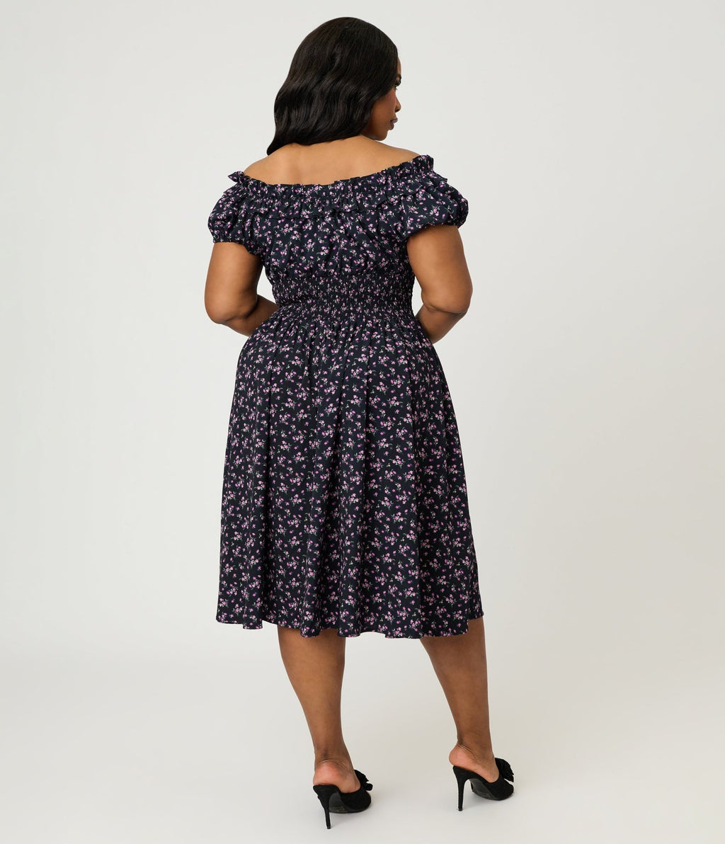Unique Vintage Plus Size Purple Ditzy Off The Shoulder Ruffle Swing Dress - Unique Vintage - Womens, DRESSES, SWING