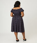 Unique Vintage Plus Size Purple Ditzy Off The Shoulder Ruffle Swing Dress - Unique Vintage - Womens, DRESSES, SWING