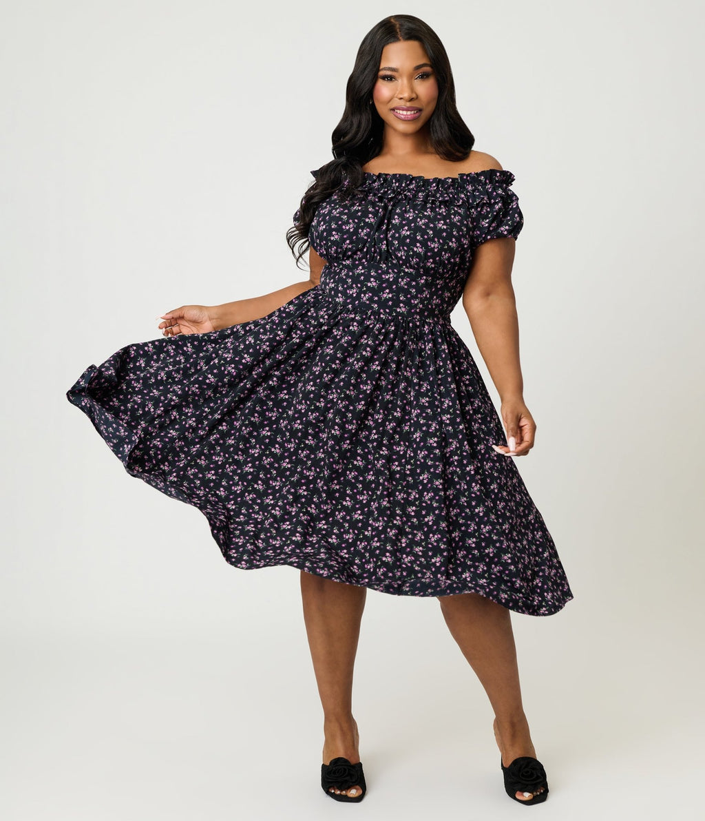Unique Vintage Plus Size Purple Ditzy Off The Shoulder Ruffle Swing Dress - Unique Vintage - Womens, DRESSES, SWING