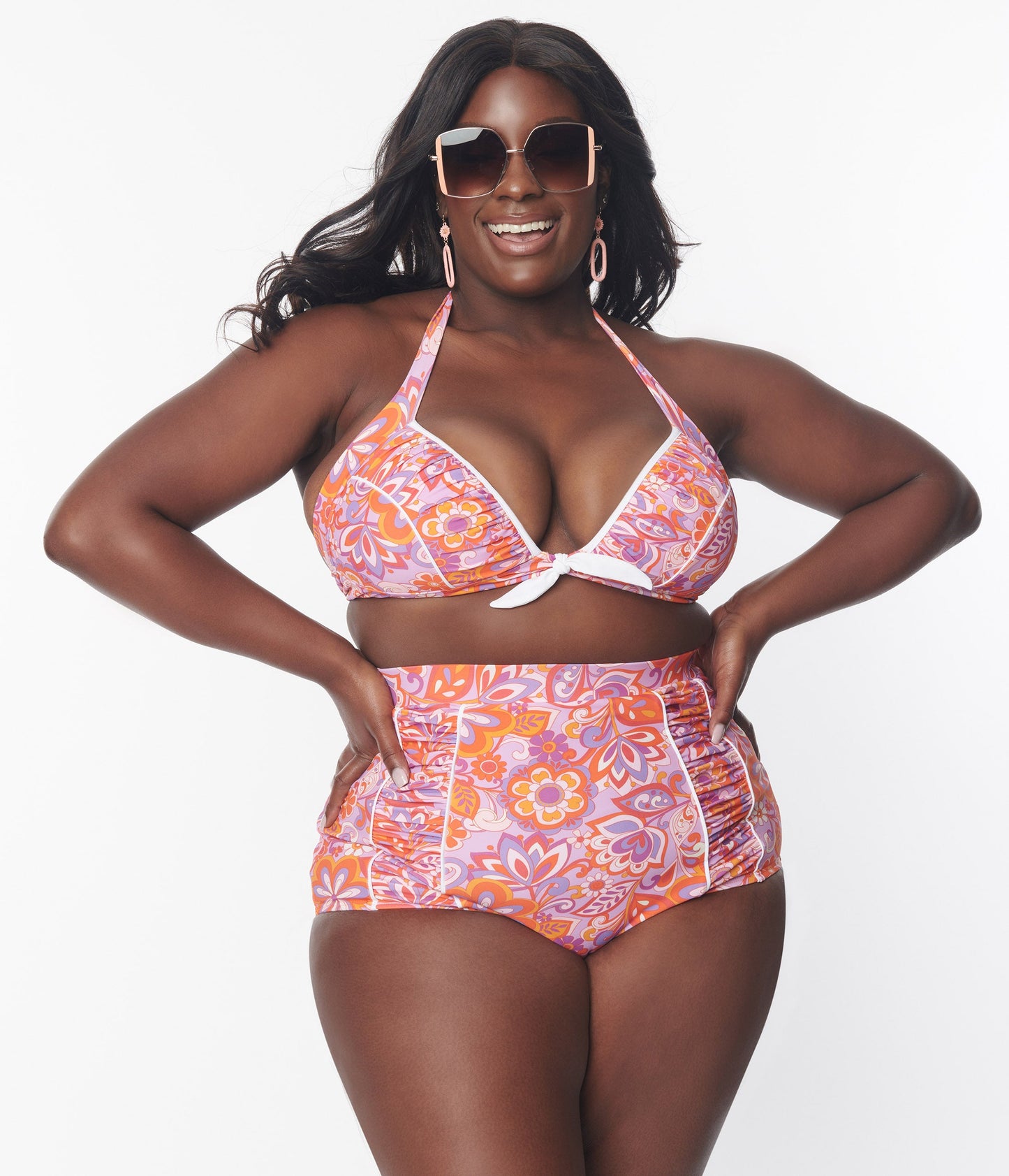 Unique Vintage Plus Size Purple & Orange Bohemian Floral Print Halter Swim Top - Unique Vintage - Womens, SWIM, TOP