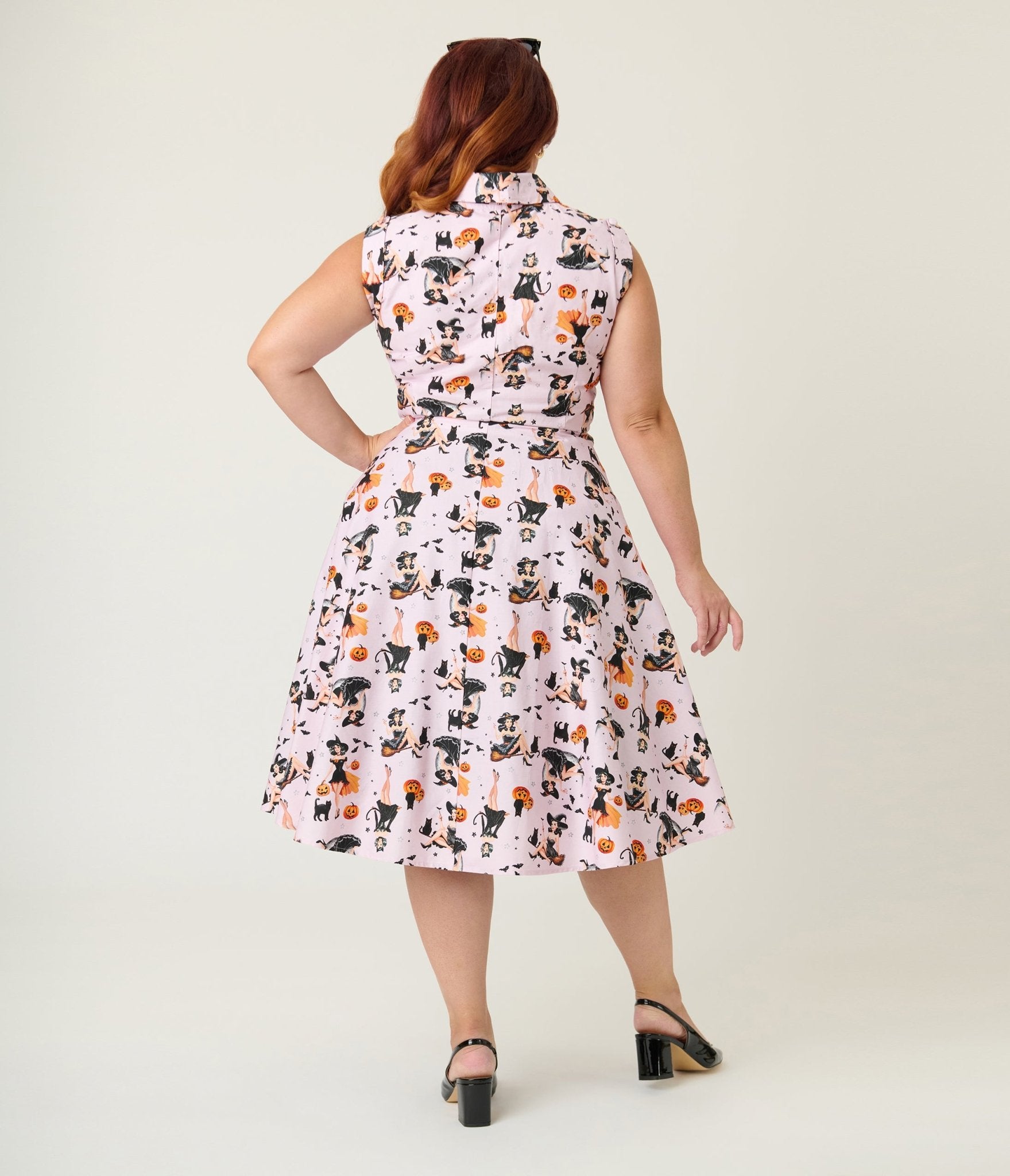 Unique Vintage Plus Size Purple Pin-Up Witch Cotton Shirt Dress