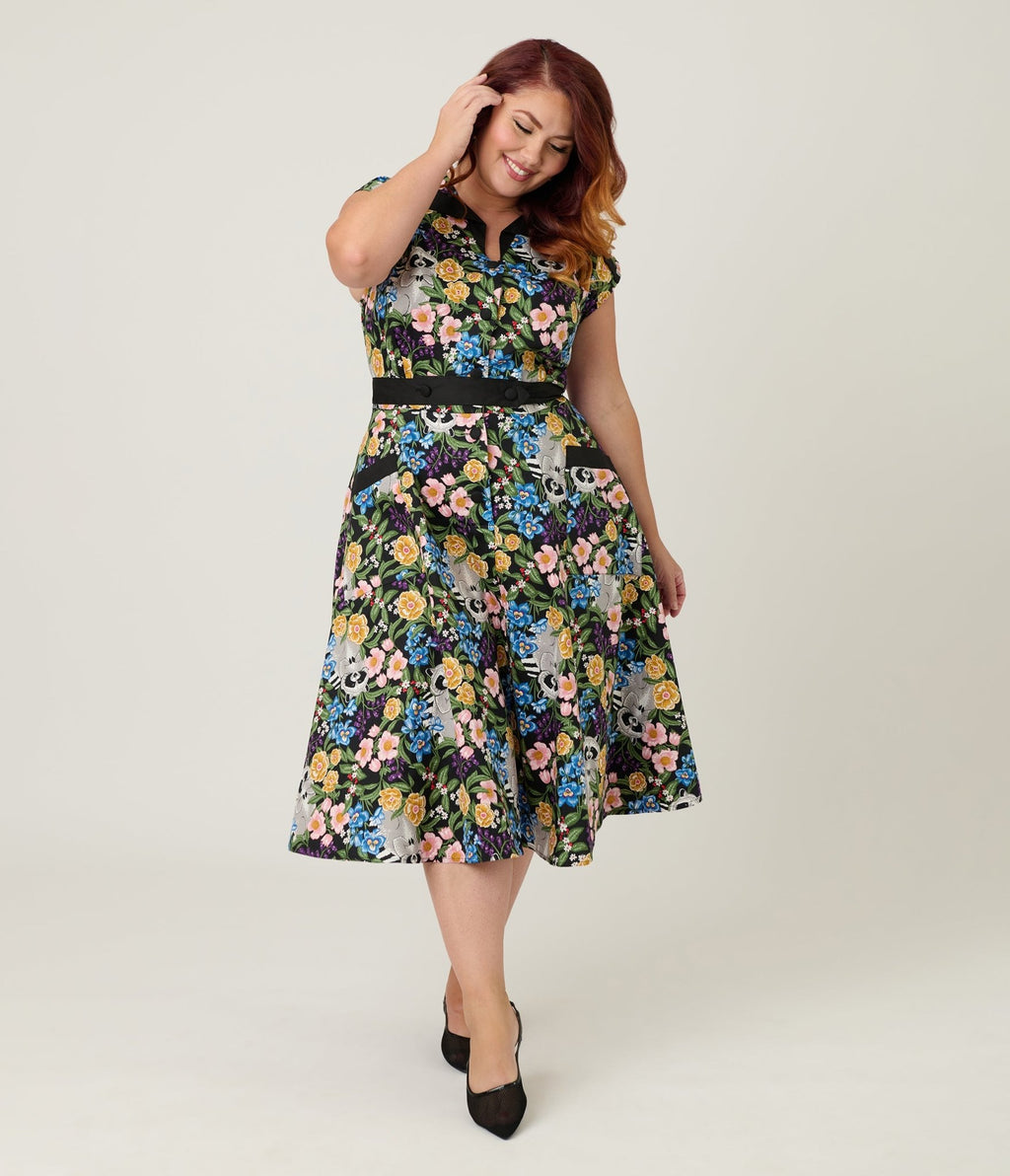 Unique Vintage Plus Size Raccoon Floral Print Hedda Swing Dress - Unique Vintage - Womens, DRESSES, SWING