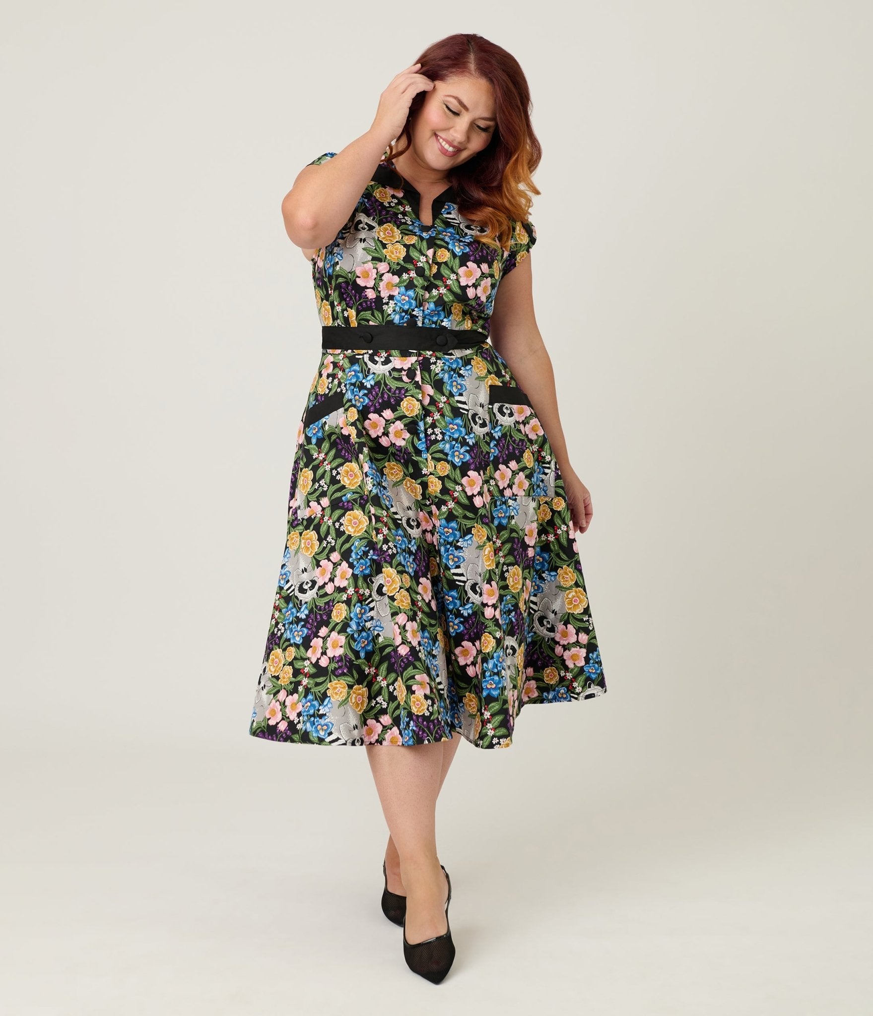 Unique Vintage Plus Size Raccoon Floral Print Hedda Swing Dress - Unique Vintage - Womens, DRESSES, SWING