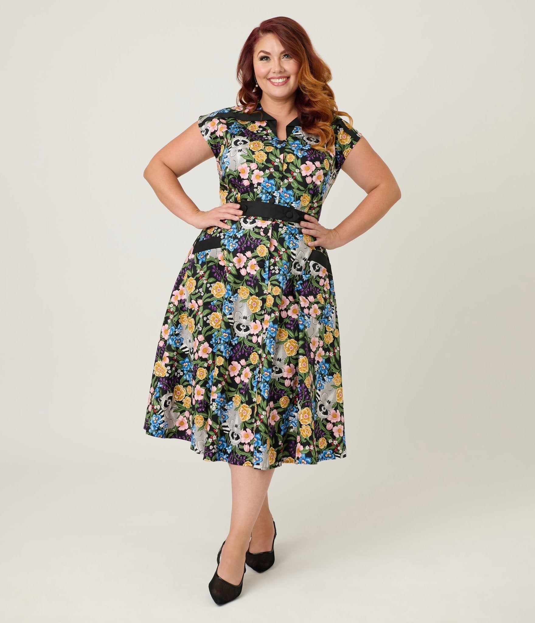 Unique Vintage Plus Size Raccoon Floral Print Hedda Swing Dress - Unique Vintage - Womens, DRESSES, SWING
