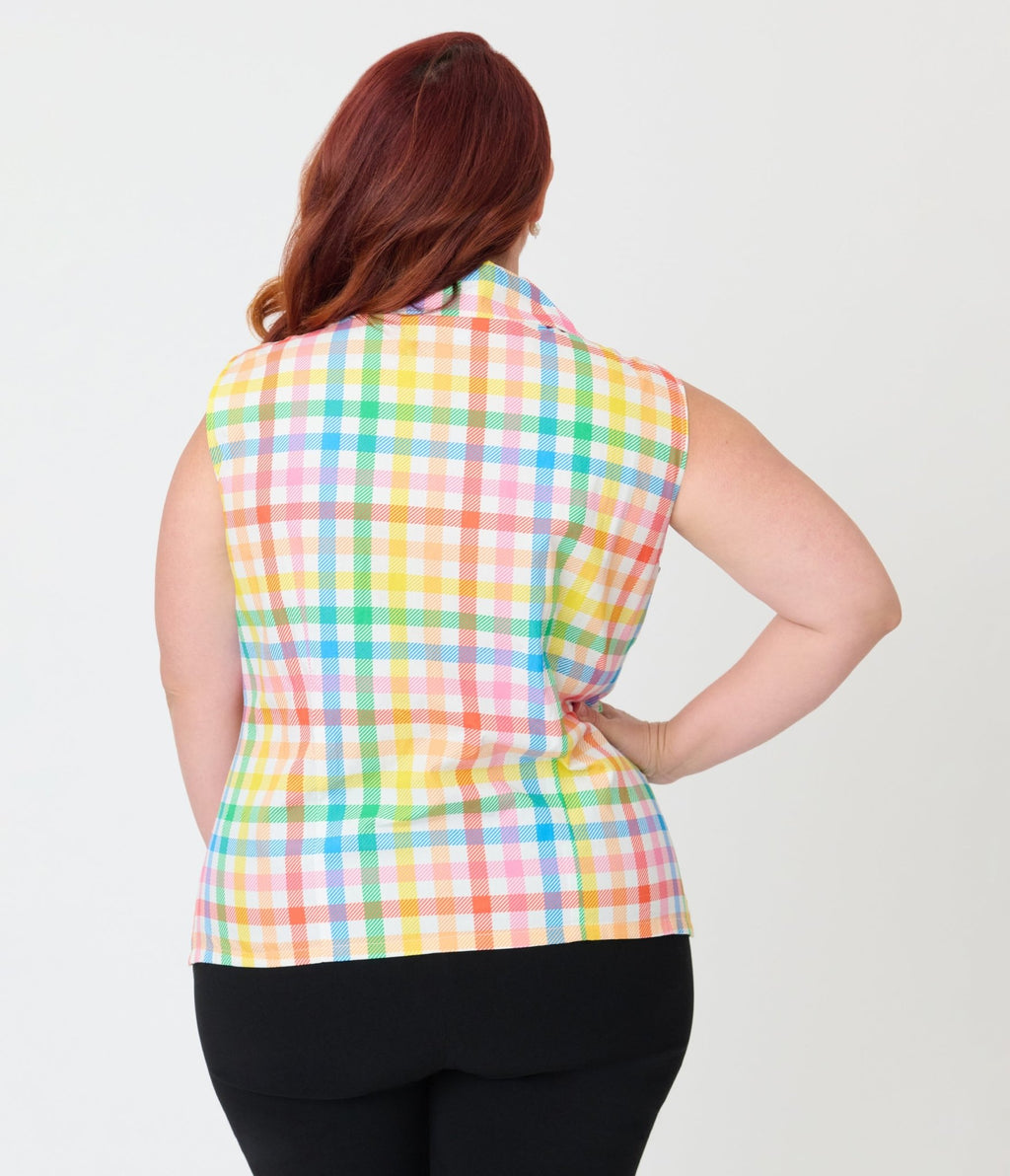 Unique Vintage Plus Size Rainbow Gingham Notched Collar Cotton Blouse - Unique Vintage - Womens, TOPS, WOVEN TOPS