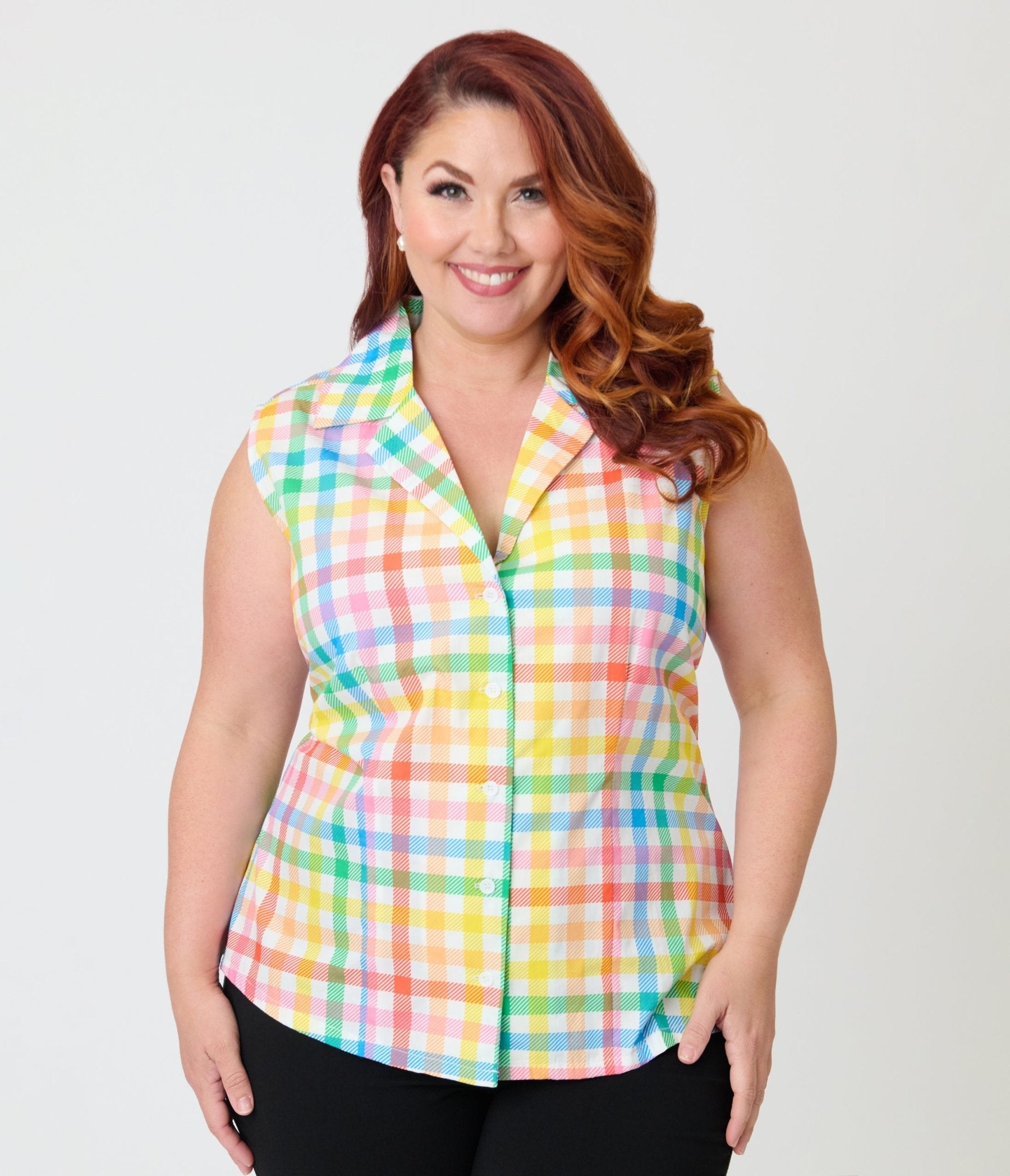 Unique Vintage Plus Size Rainbow Gingham Notched Collar Cotton Blouse - Unique Vintage - Womens, TOPS, WOVEN TOPS