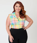 Unique Vintage Plus Size Rainbow Gingham Notched Collar Cotton Blouse - Unique Vintage - Womens, TOPS, WOVEN TOPS