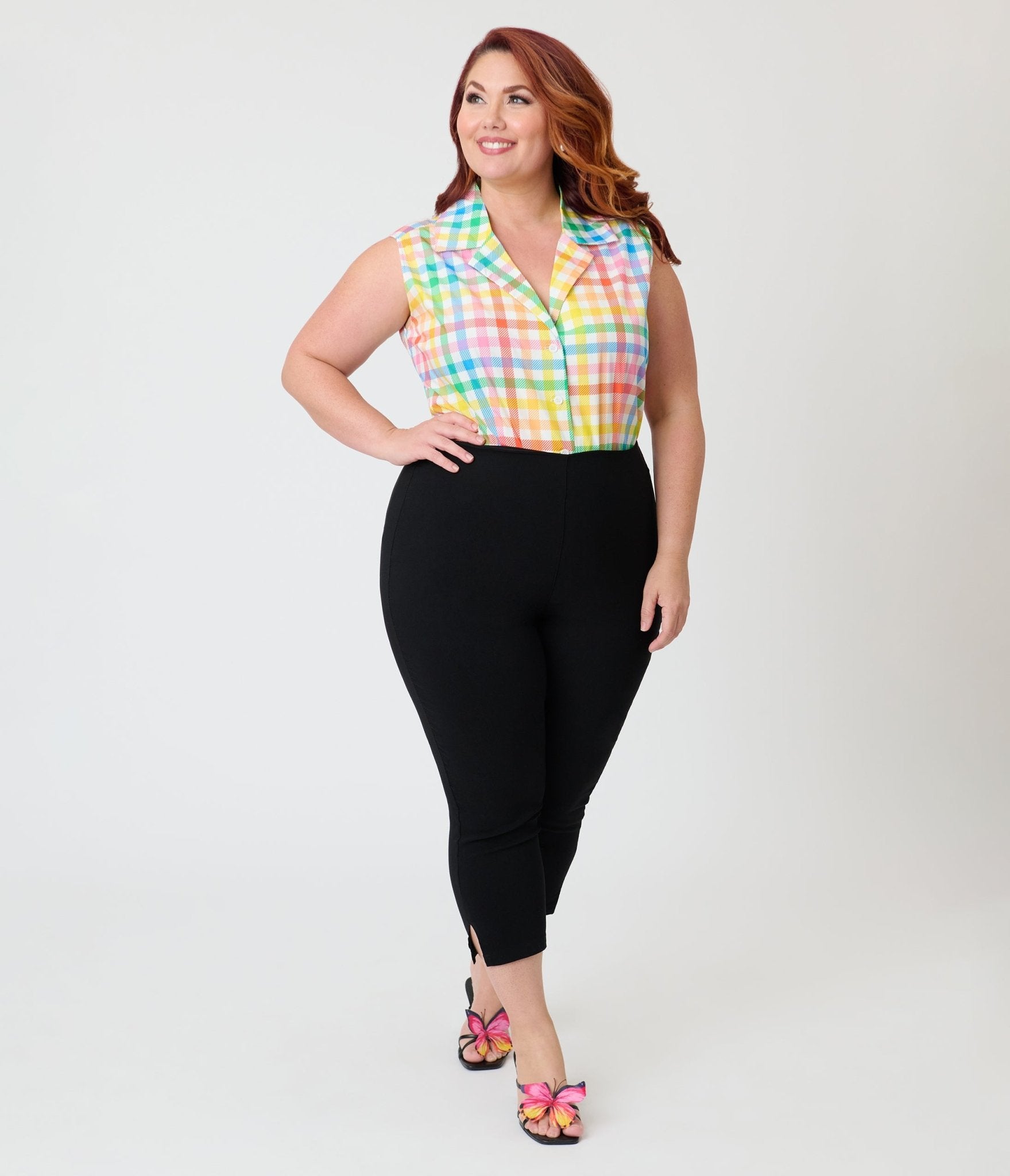 Unique Vintage Plus Size Rainbow Gingham Notched Collar Cotton Blouse - Unique Vintage - Womens, TOPS, WOVEN TOPS