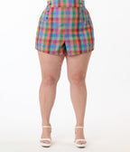 Unique Vintage Plus Size Rainbow Madras Plaid High Waist Sailor Debbie Shorts - Unique Vintage - Womens, BOTTOMS, SHORTS