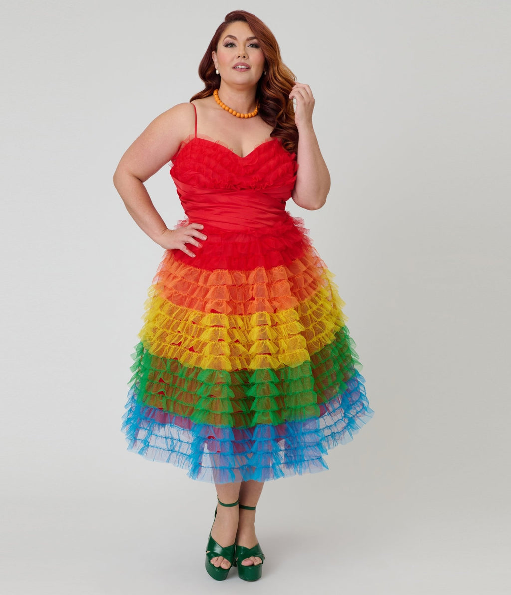 Unique Vintage Plus Size Rainbow Ombre Tulle Cupcake Swing Dress