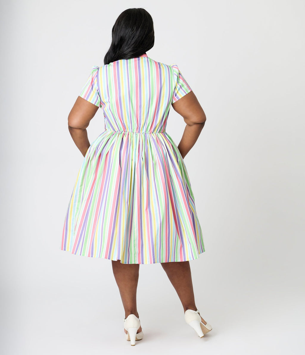 Unique Vintage Plus Size Rainbow Pastel Stripe Dapper Dan Bow Swing Dress - Unique Vintage - Womens, DRESSES, SWING
