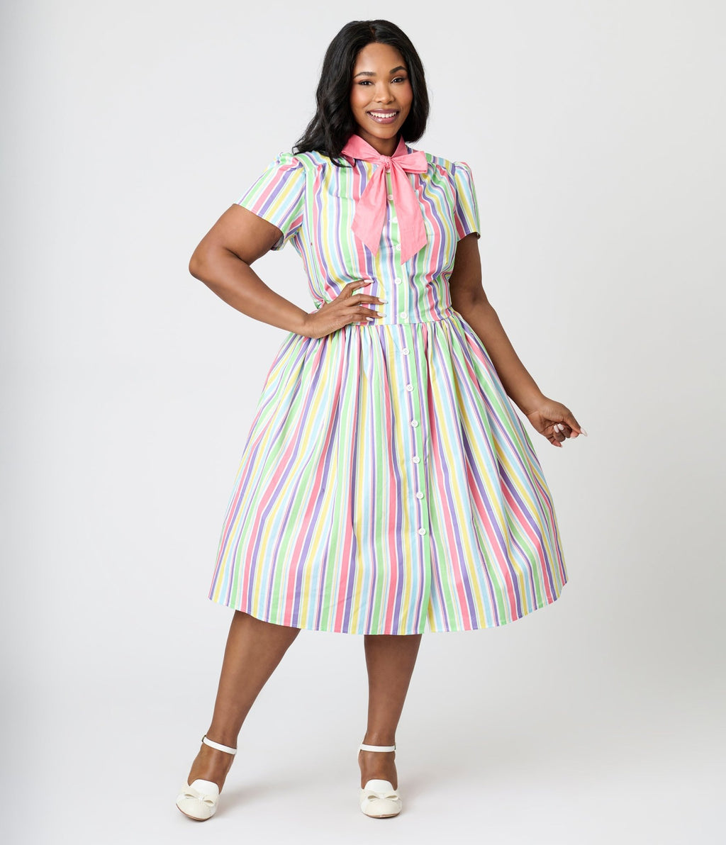 Unique Vintage Plus Size Rainbow Pastel Stripe Dapper Dan Bow Swing Dress - Unique Vintage - Womens, DRESSES, SWING