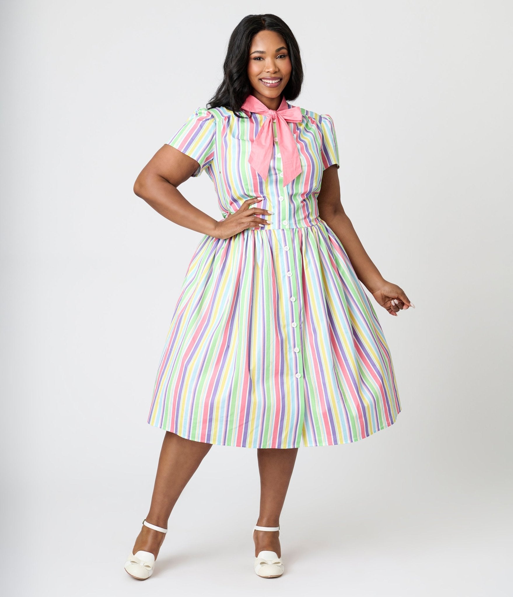 Unique Vintage Plus Size Rainbow Pastel Stripe Dapper Dan Bow Swing Dress - Unique Vintage - Womens, DRESSES, SWING