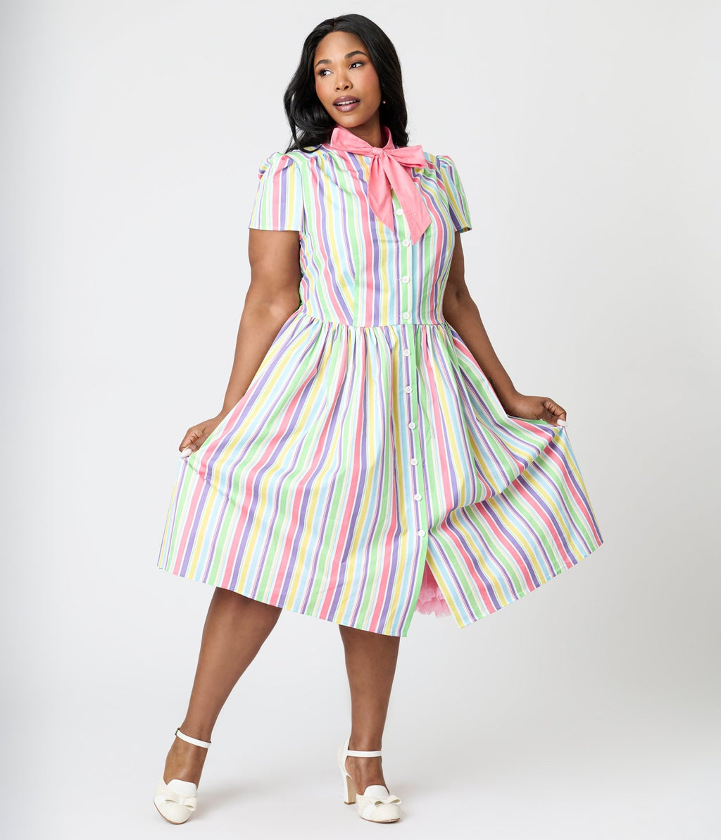 Unique Vintage Plus Size Rainbow Pastel Stripe Dapper Dan Bow Swing Dress - Unique Vintage - Womens, DRESSES, SWING