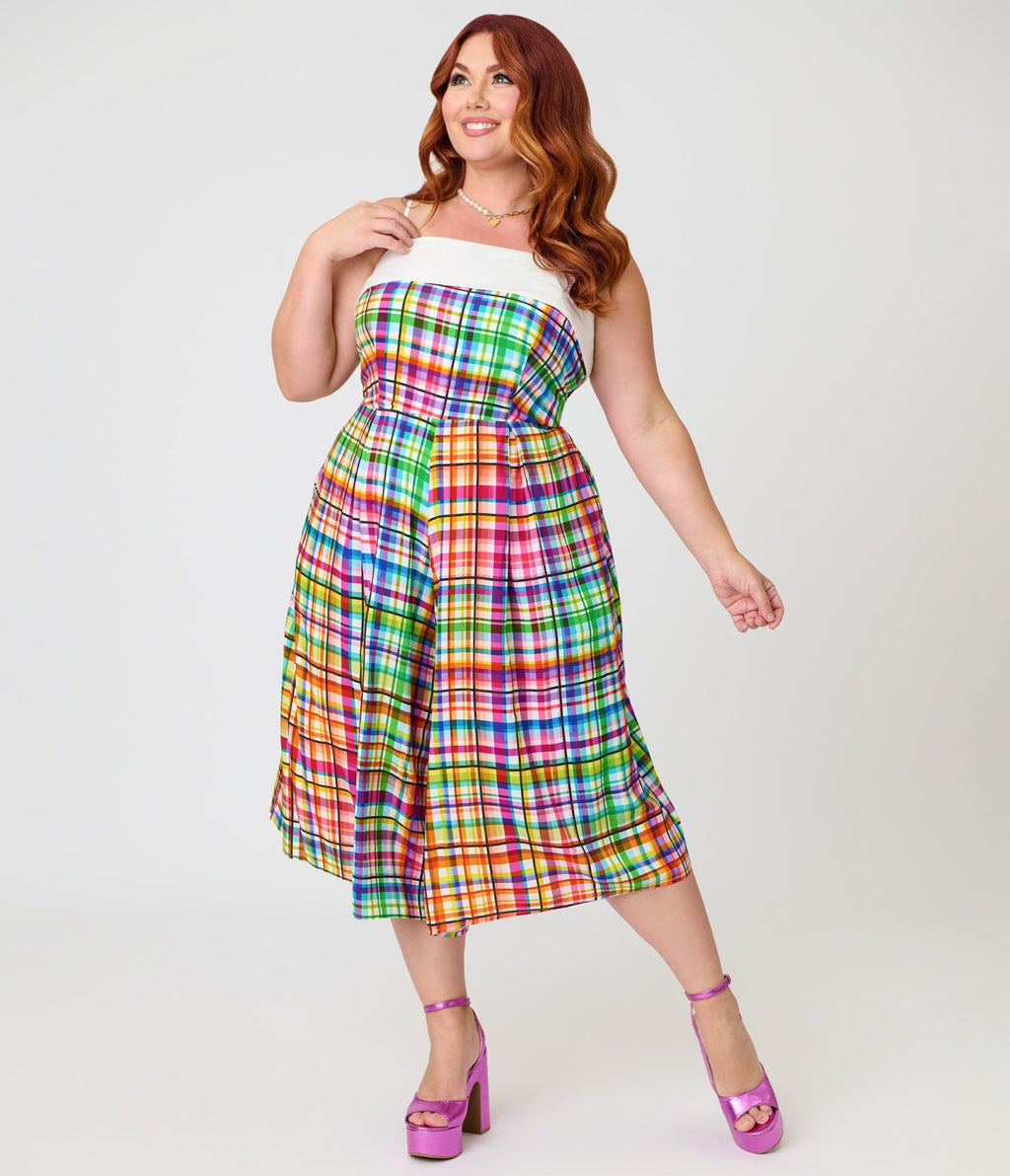 Unique Vintage Plus Size Rainbow Plaid Nancy Romper - Unique Vintage - Womens, BOTTOMS, ROMPERS AND JUMPSUITS