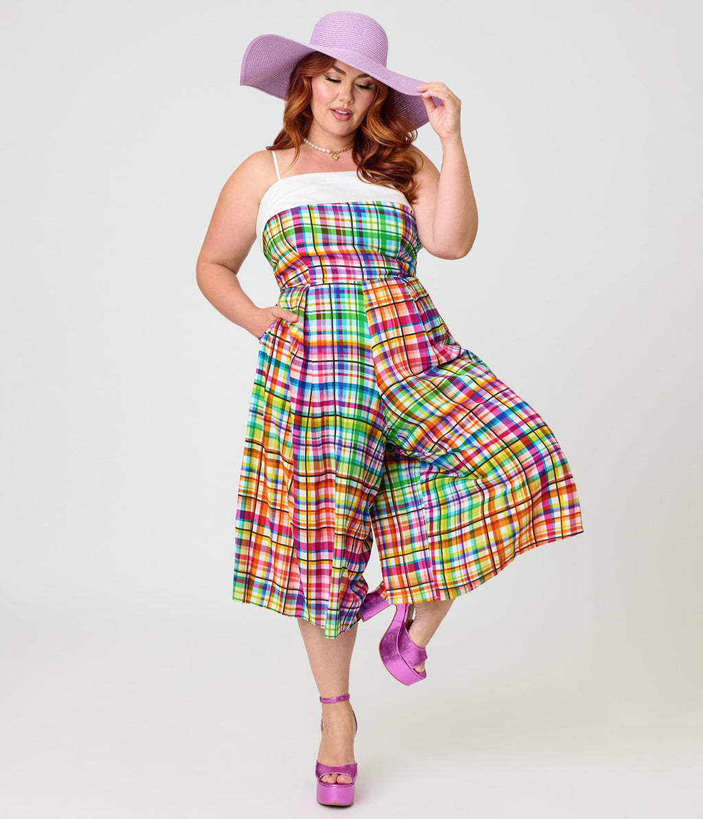 Unique Vintage Plus Size Rainbow Plaid Nancy Romper - Unique Vintage - Womens, BOTTOMS, ROMPERS AND JUMPSUITS