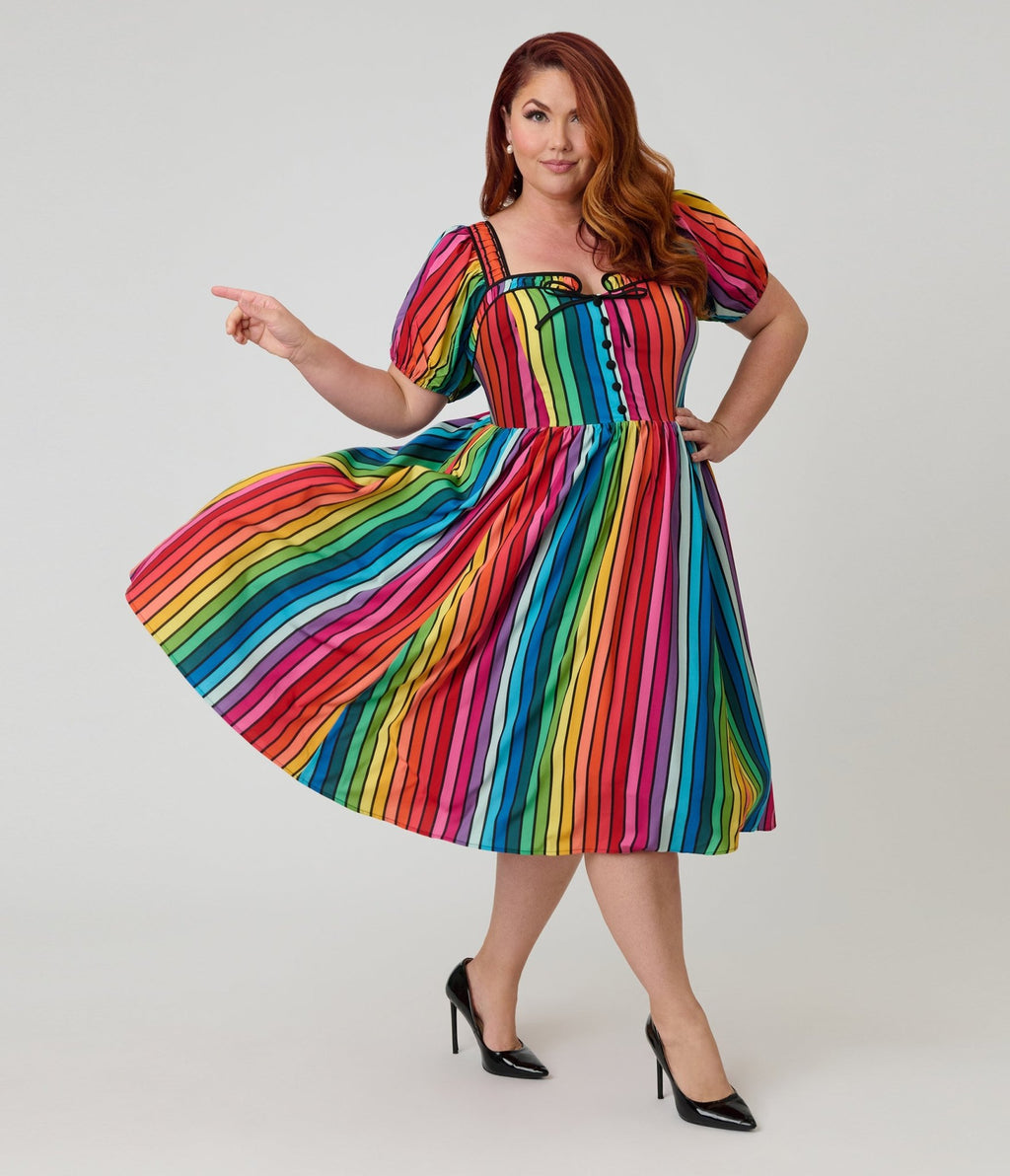 Unique Vintage Plus Size Rainbow Pride Striped Button Front Swing Dress - Unique Vintage - Womens, DRESSES, SWING