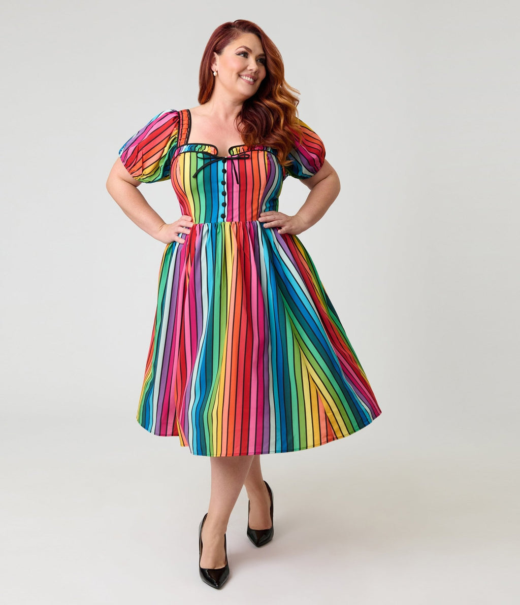 Unique Vintage Plus Size Rainbow Pride Striped Button Front Swing Dress - Unique Vintage - Womens, DRESSES, SWING