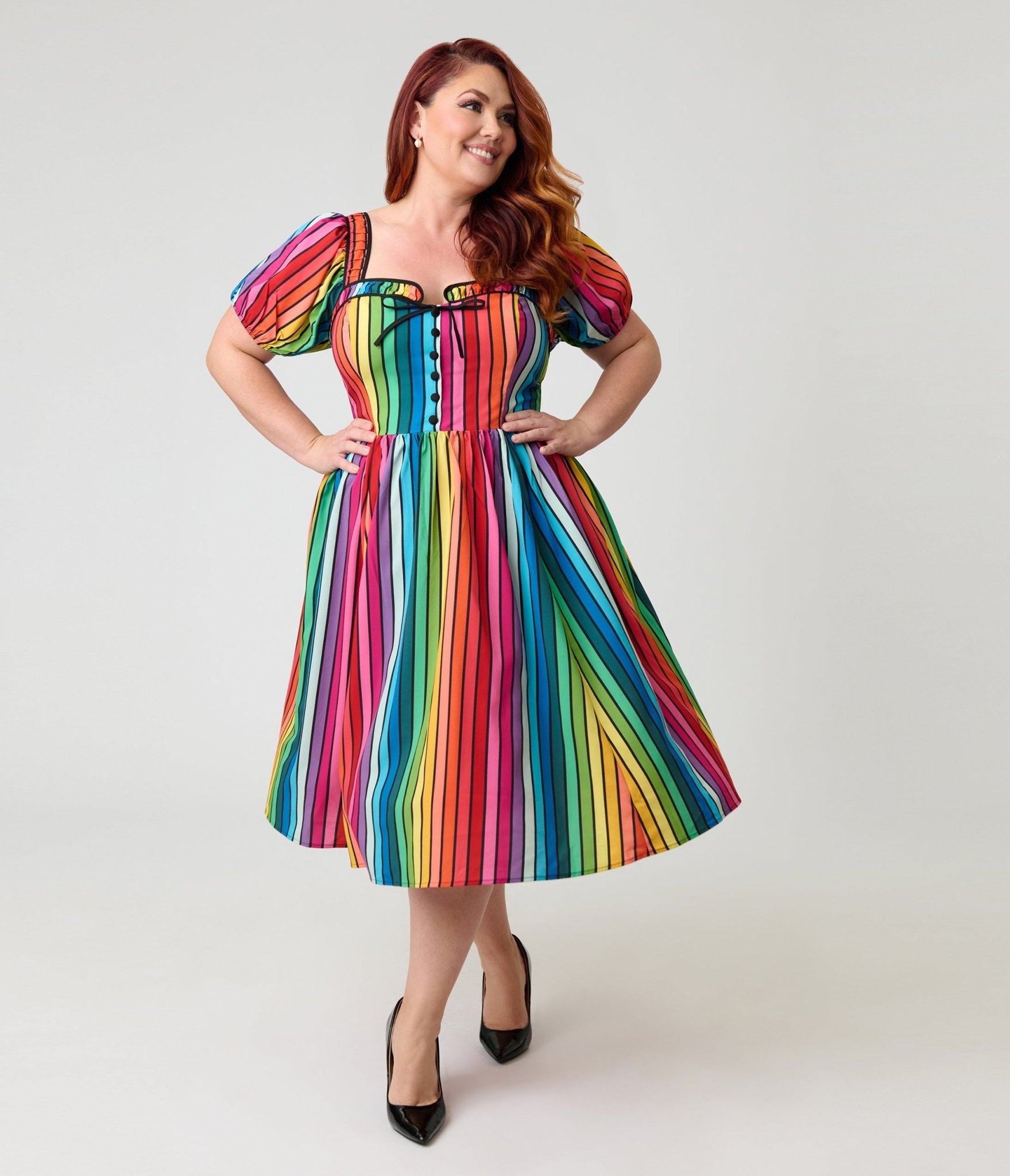 Unique Vintage Plus Size Rainbow Pride Striped Button Front Swing Dress - Unique Vintage - Womens, DRESSES, SWING
