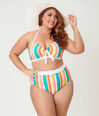 Unique Vintage Plus Size Rainbow Stripe Belted Redondo Swim Bottoms - Unique Vintage - Womens, SWIM, BOTTOM