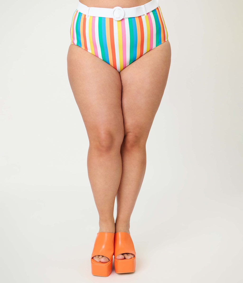 Unique Vintage Plus Size Rainbow Stripe Belted Redondo Swim Bottoms - Unique Vintage - Womens, SWIM, BOTTOM