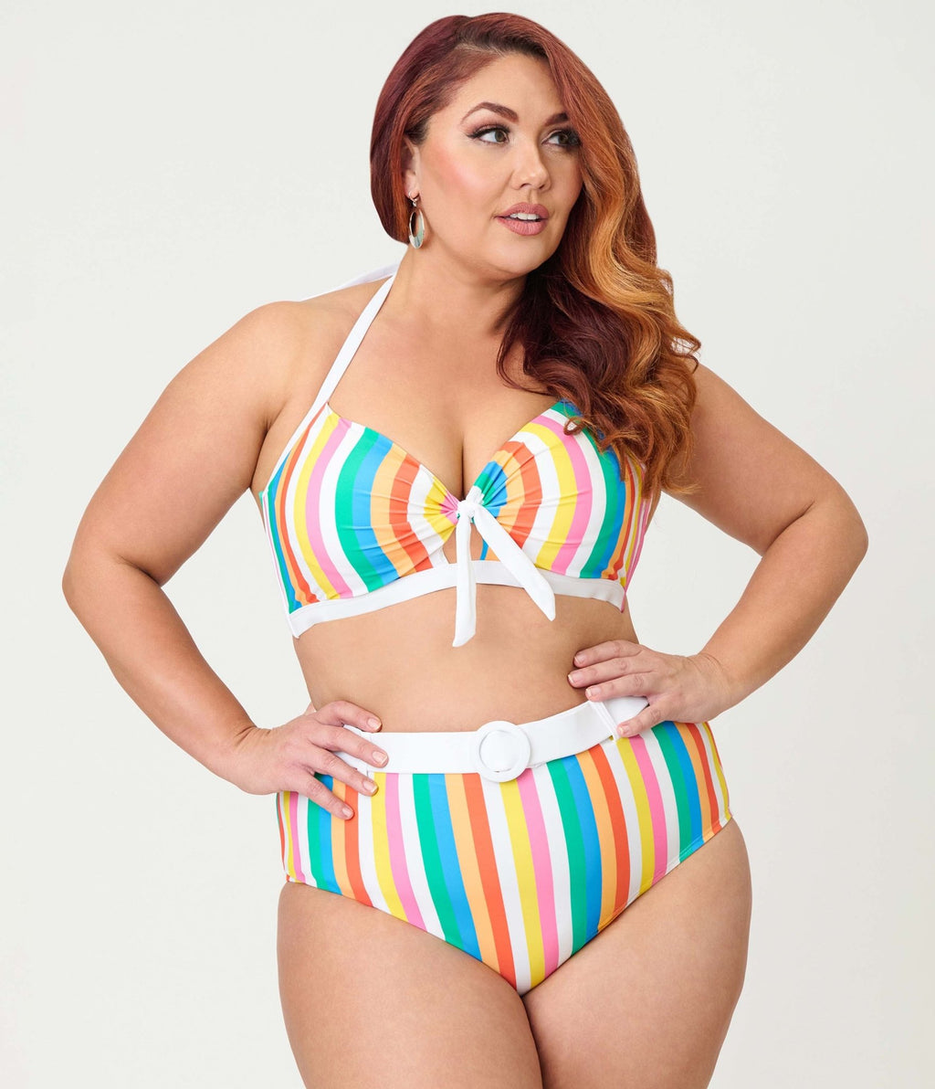 Unique Vintage Plus Size Rainbow Stripe Belted Redondo Swim Bottoms - Unique Vintage - Womens, SWIM, BOTTOM