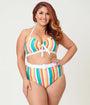 Unique Vintage Plus Size Rainbow Stripe Halter Swim Top