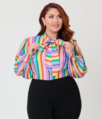Unique Vintage Plus Size Rainbow Stripe Long Sleeve Gwen Blouse - Unique Vintage - Womens, TOPS, WOVEN TOPS