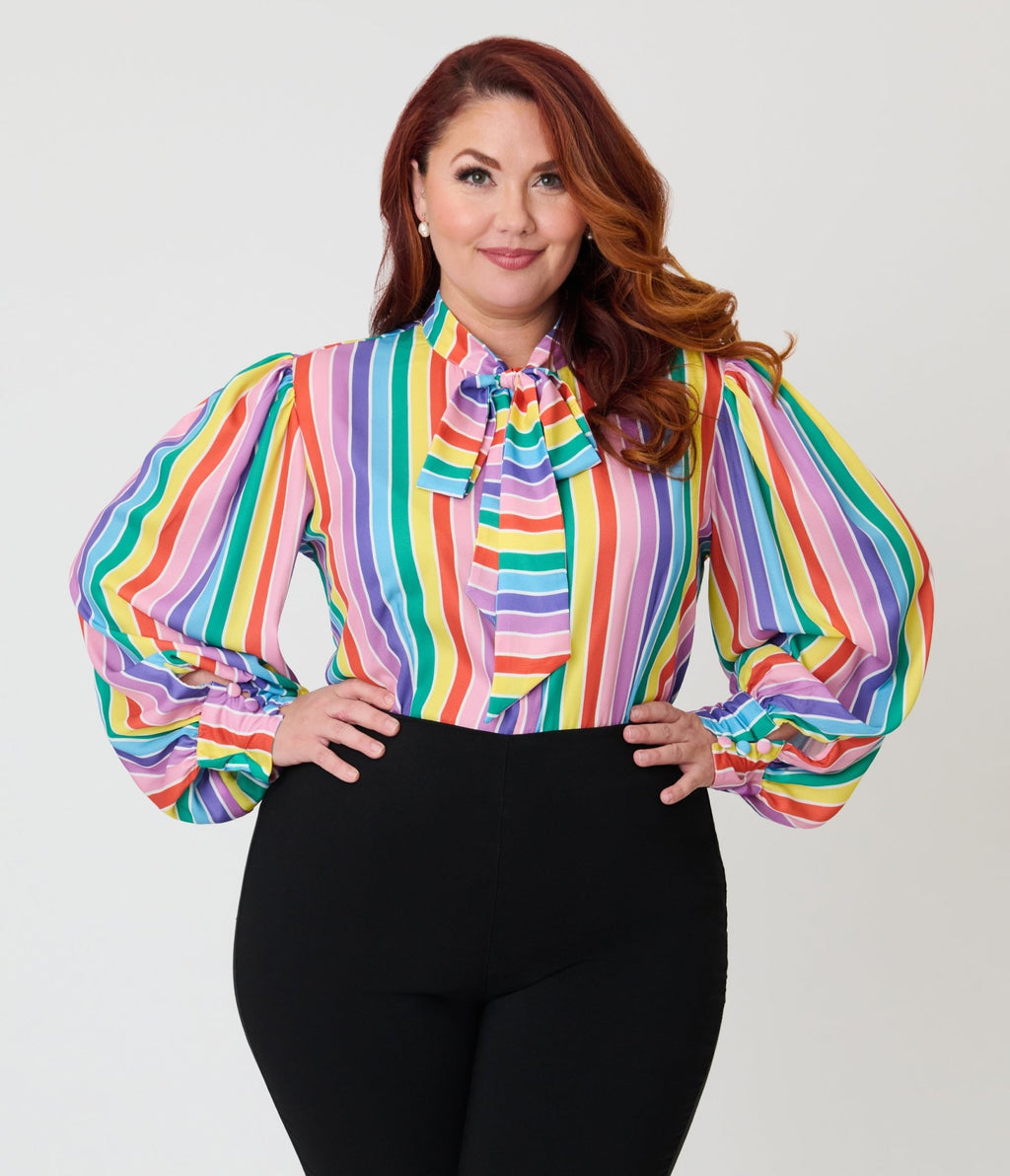 Unique Vintage Plus Size Rainbow Stripe Long Sleeve Gwen Blouse - Unique Vintage - Womens, TOPS, WOVEN TOPS