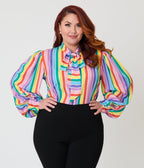 Unique Vintage Plus Size Rainbow Stripe Long Sleeve Gwen Blouse - Unique Vintage - Womens, TOPS, WOVEN TOPS