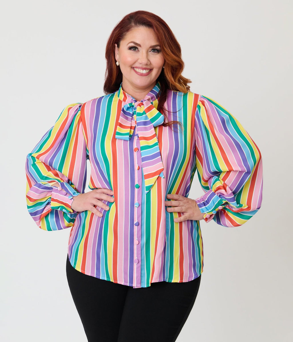 Unique Vintage Plus Size Rainbow Stripe Long Sleeve Gwen Blouse - Unique Vintage - Womens, TOPS, WOVEN TOPS