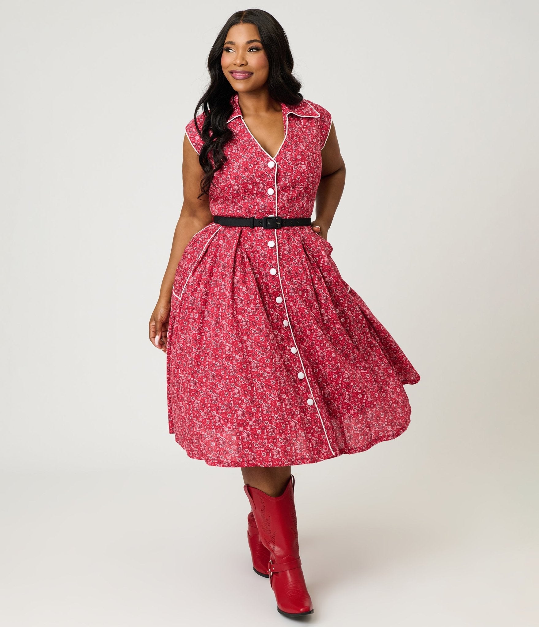 Unique Vintage Plus Size Red Bandana Cotton Shirt Swing Dress Unique Vintage Plus Size Red Bandana Cotton Shirt Swing Dress