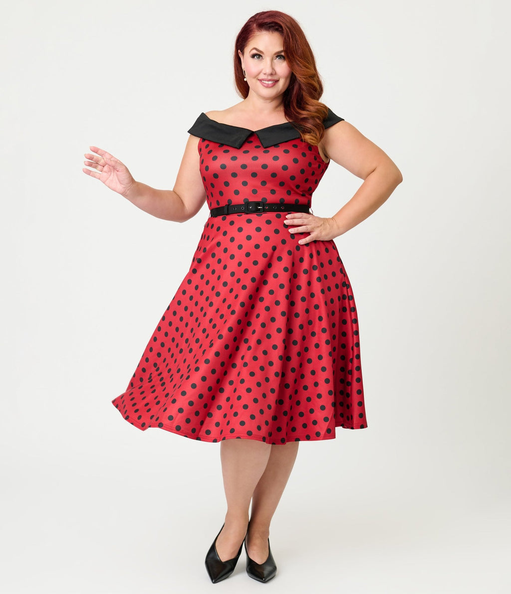 Unique Vintage Plus Size Red & Black Polka Dot Off the Shoulder Swing Unique Vintage Plus Size Red & Black Polka Dot Off the Shoulder Swing