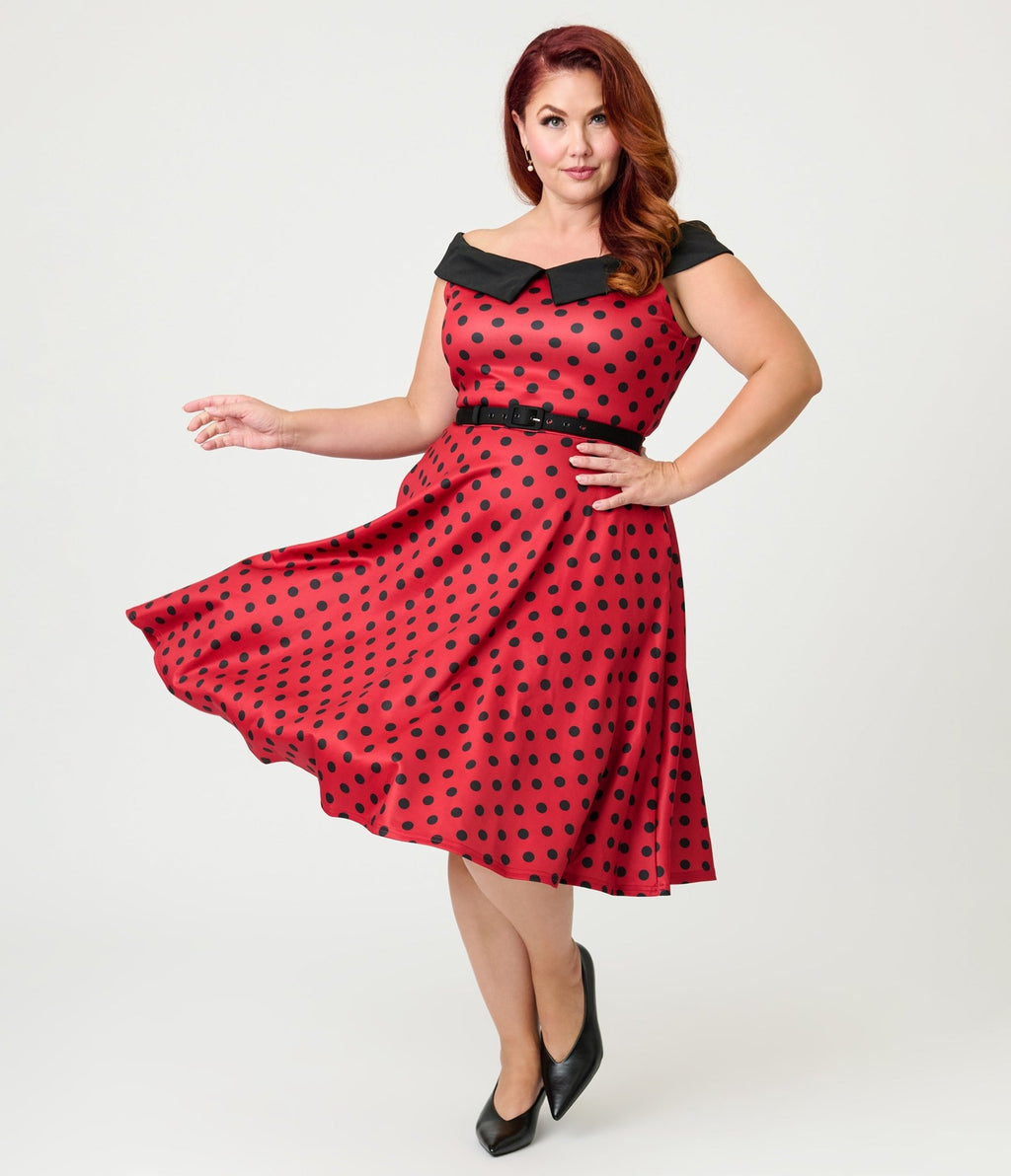 Unique Vintage Plus Size Red & Black Polka Dot Off the Shoulder Swing Dress - Unique Vintage - Womens, DRESSES, SWING
