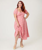 Unique Vintage Plus Size Red Gingham & Cherries Puff Sleeve Midi Dress - Unique Vintage - Womens, DRESSES, MIDI