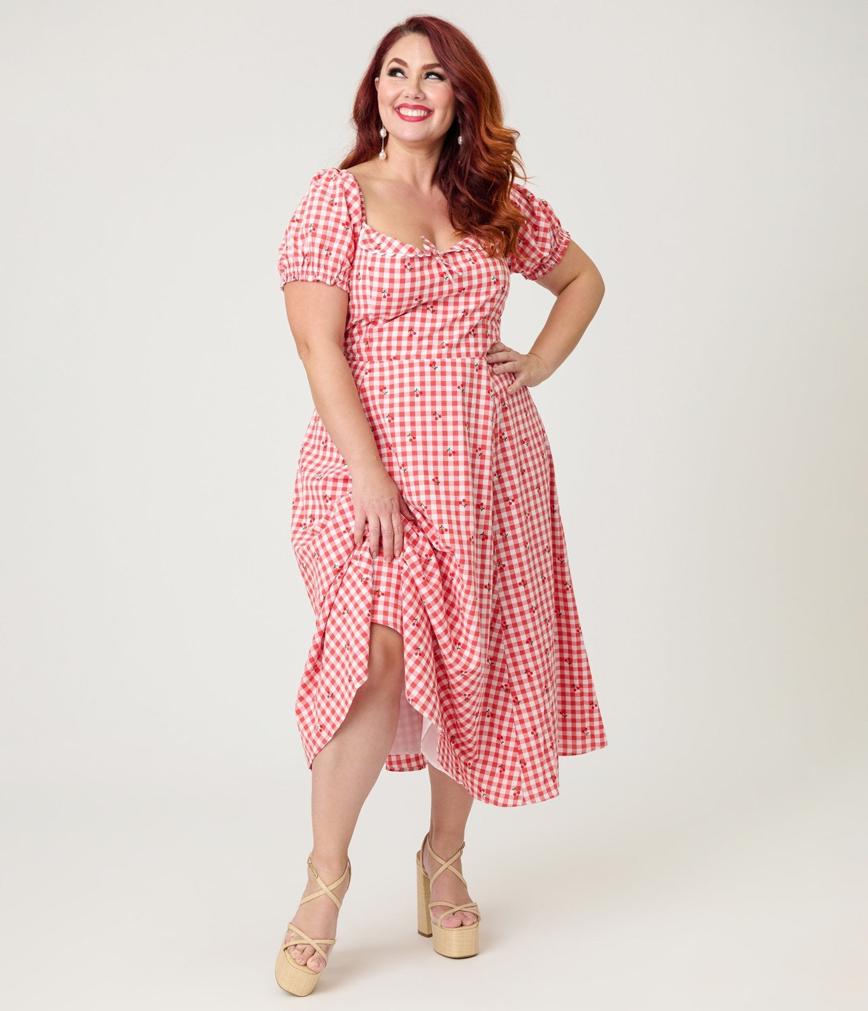 Unique Vintage Plus Size Red Gingham & Cherries Puff Sleeve Midi Dress 3X/24W-26W