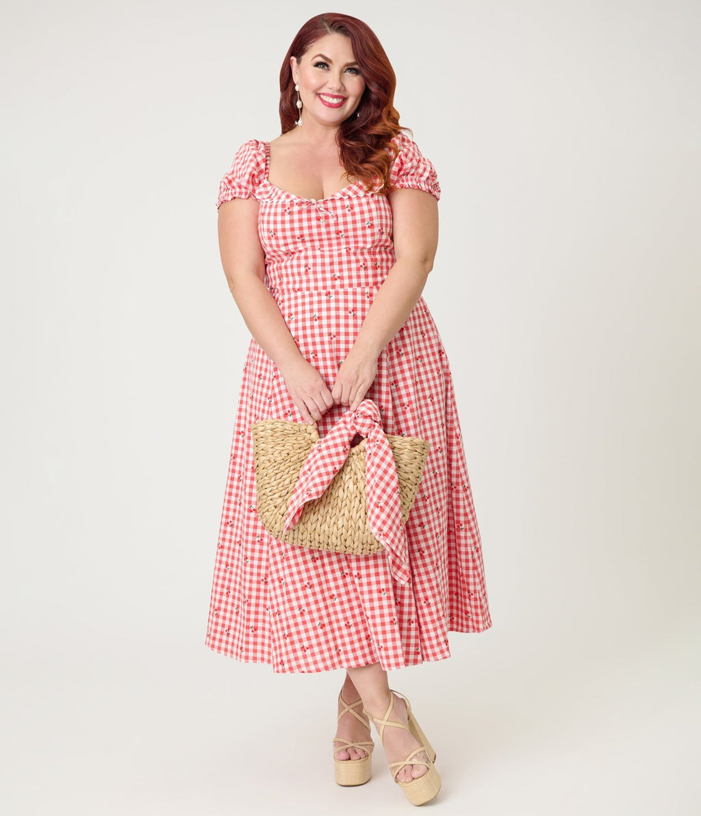 Unique Vintage Plus Size Red Gingham & Cherries Puff Sleeve Midi Dress - Unique Vintage - Womens, DRESSES, MIDI