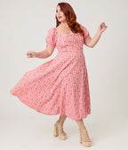 Unique Vintage Plus Size Red Gingham & Cherries Puff Sleeve Midi Dress - Unique Vintage - Womens, DRESSES, MIDI