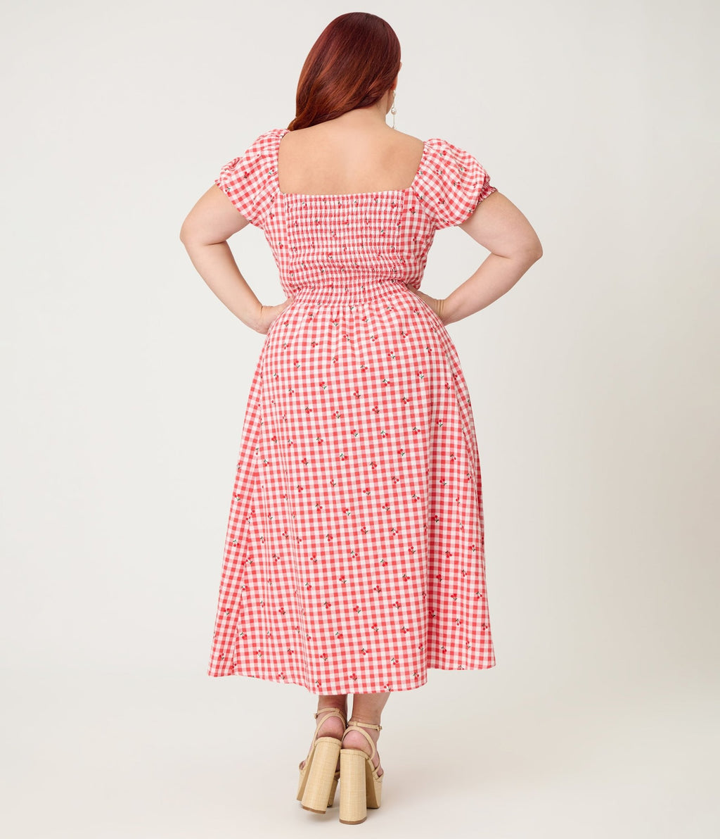 Unique Vintage Plus Size Red Gingham & Cherries Puff Sleeve Midi Dress - Unique Vintage - Womens, DRESSES, MIDI