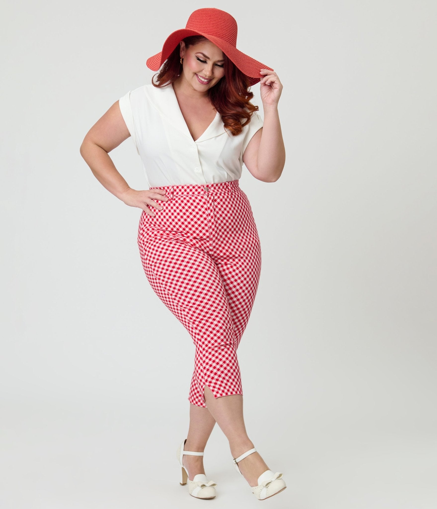 Unique Vintage Plus Size Red Gingham Rachelle Capri Pants - Unique Vintage - Womens, BOTTOMS, PANTS