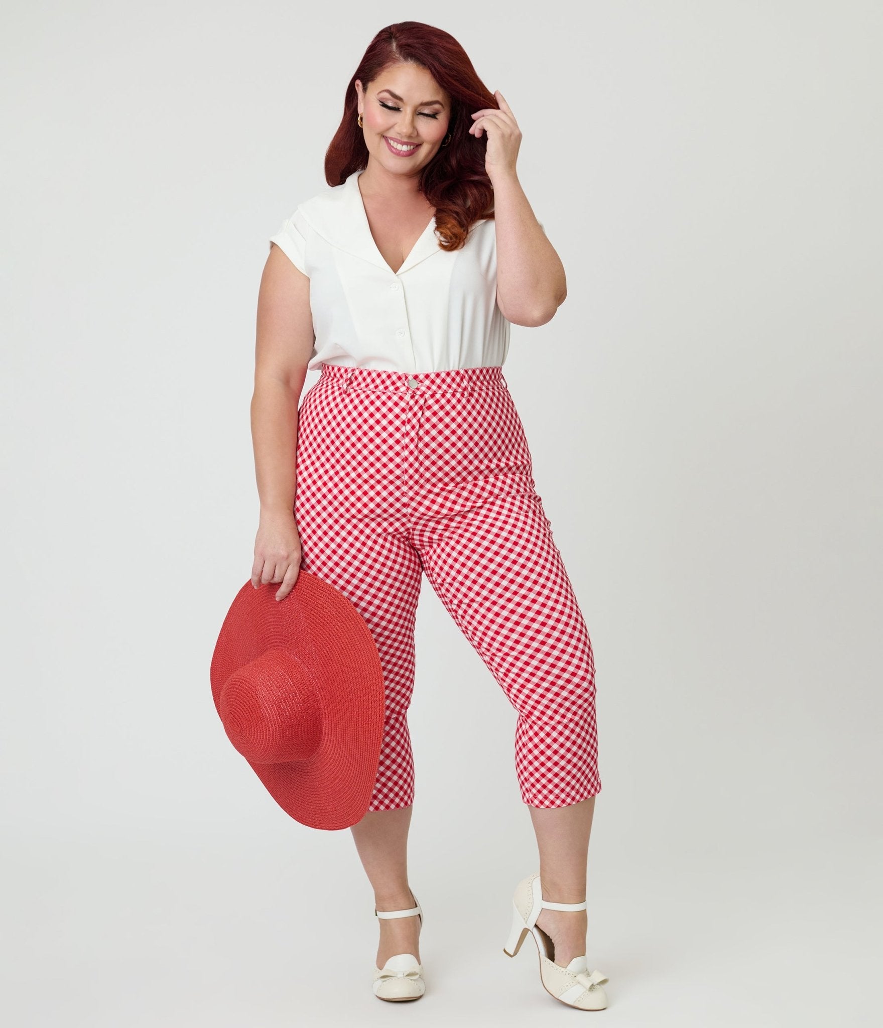 Unique Vintage Plus Size Red Gingham Rachelle Capri Pants - Unique Vintage - Womens, BOTTOMS, PANTS