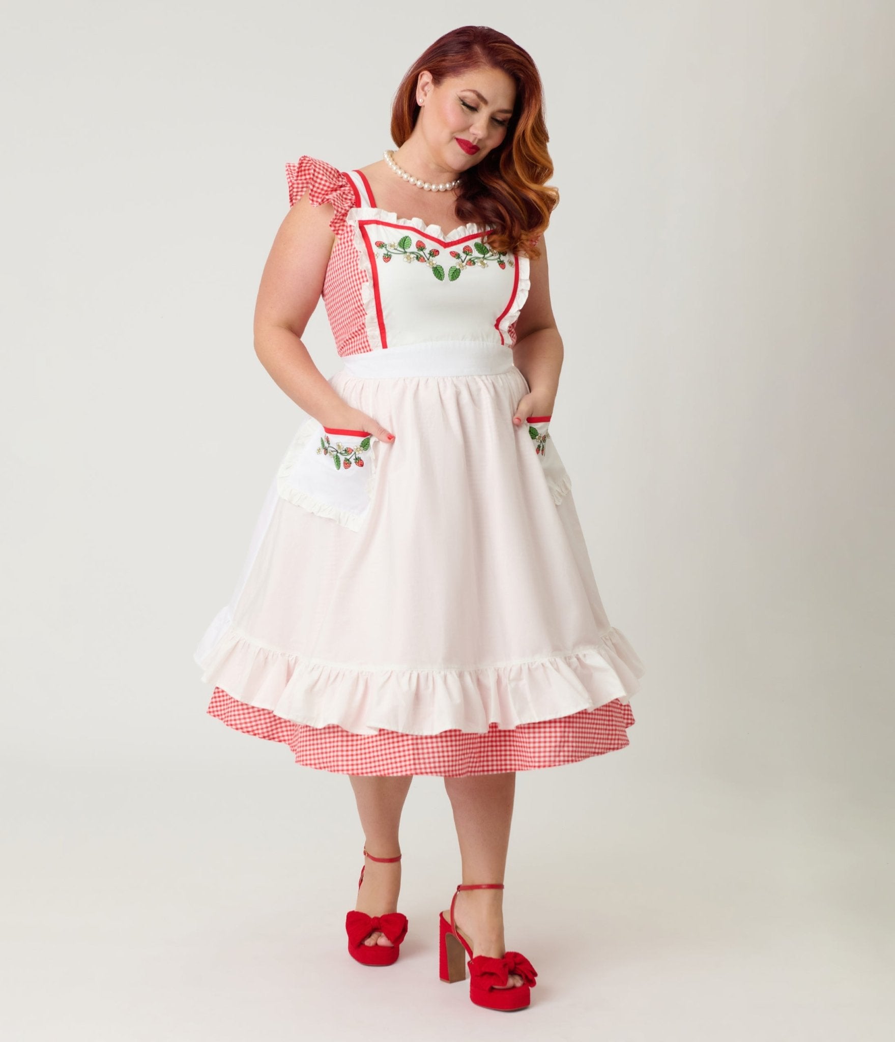 Unique Vintage Plus Size Red Gingham & White Ruffled Apron Swing Dress