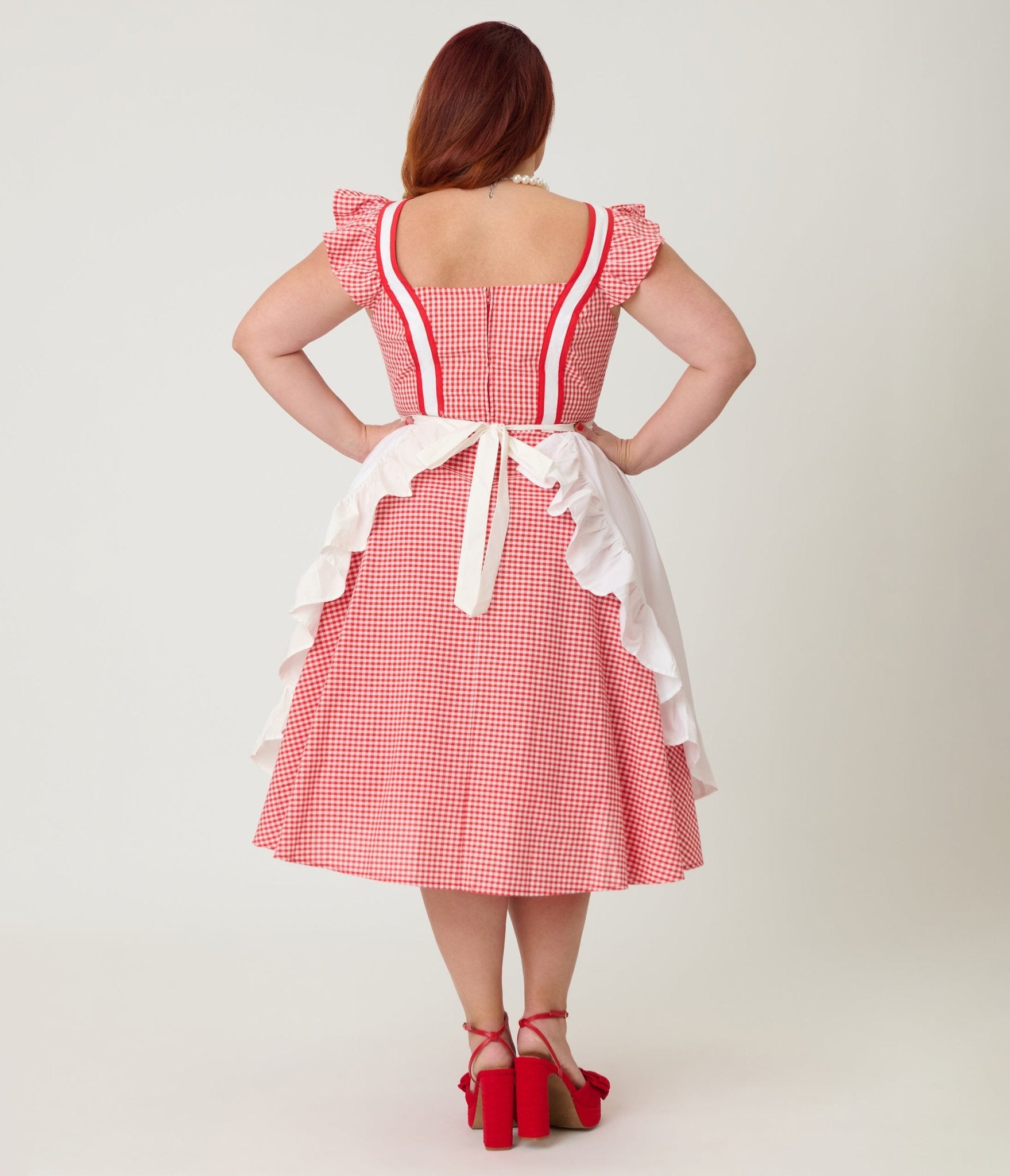 fitted lace wedding dress Unique Vintage Plus Size Red Gingham & White Ruffled Apron Swing Dress