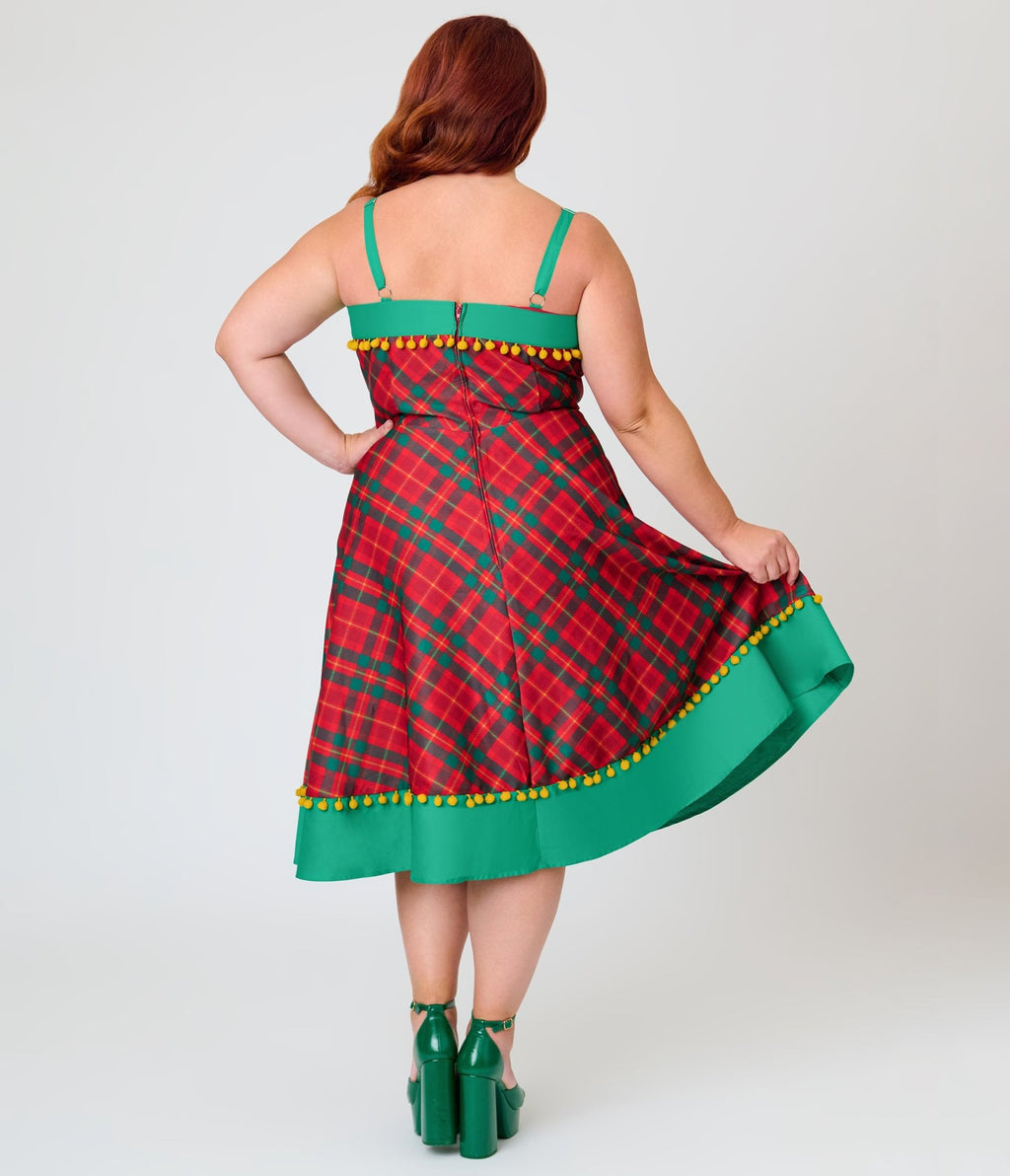 Unique Vintage Plus Size Red & Green Plaid Pom-Pom Girlie Swing Dress - Unique Vintage - Swing Dresses