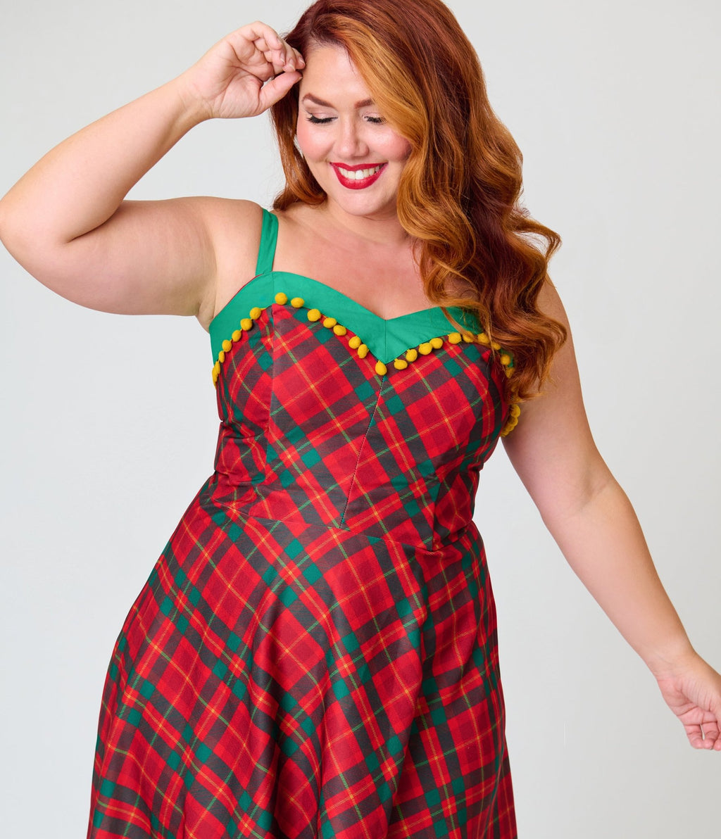 Unique Vintage Plus Size Red & Green Plaid Pom-Pom Girlie Swing Dress - Unique Vintage - Swing Dresses