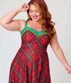 Unique Vintage Plus Size Red & Green Plaid Pom-Pom Girlie Swing Dress - Unique Vintage - Swing Dresses