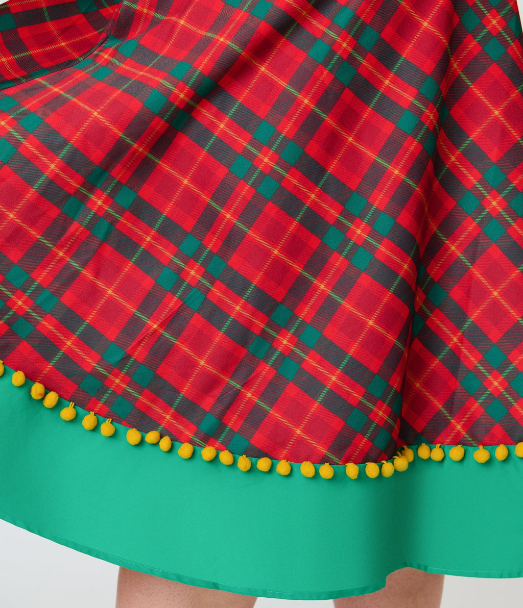 Unique Vintage Plus Size Red & Green Plaid Pom-Pom Girlie Swing Dress - Unique Vintage - Swing Dresses