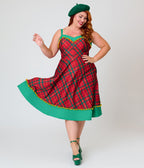 Unique Vintage Plus Size Red & Green Plaid Pom-Pom Girlie Swing Dress - Unique Vintage - Swing Dresses